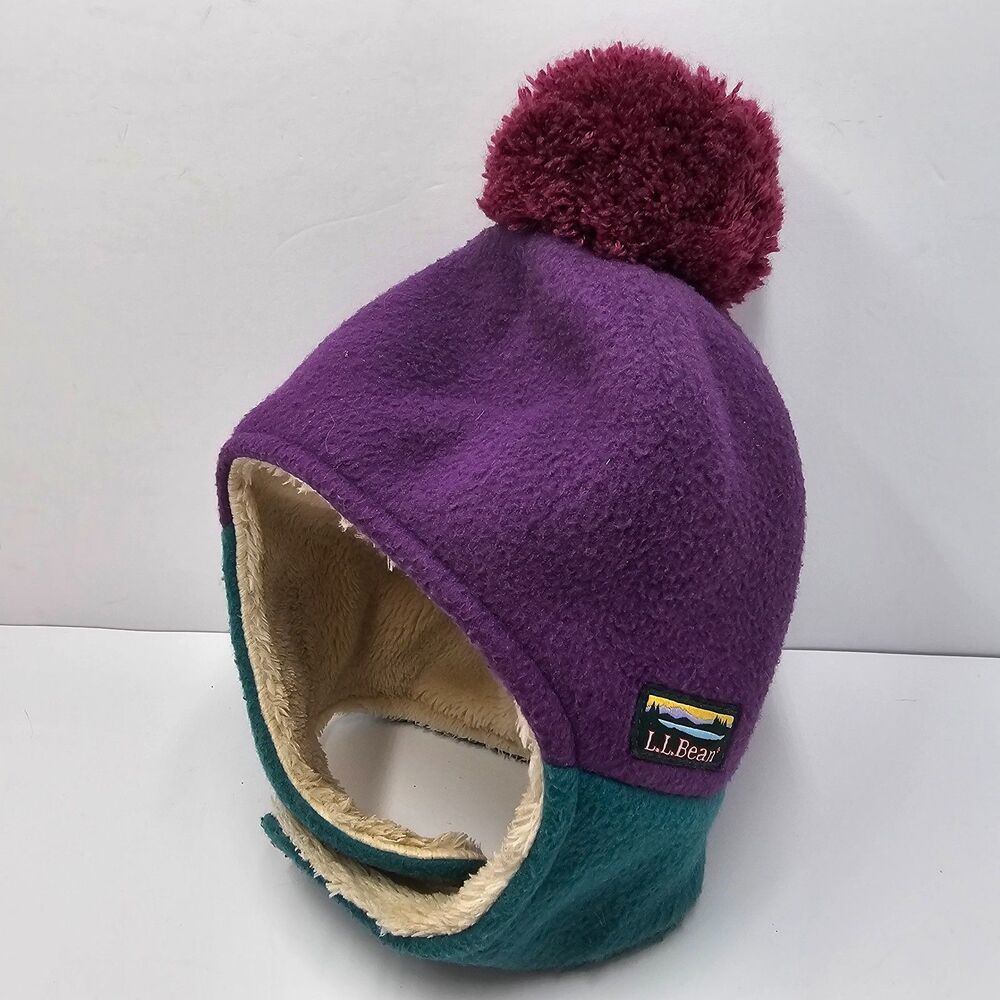 LL Bean Toddler 12-24M Fleece Trapper Hat Purple Teal Pom Pom Earflap